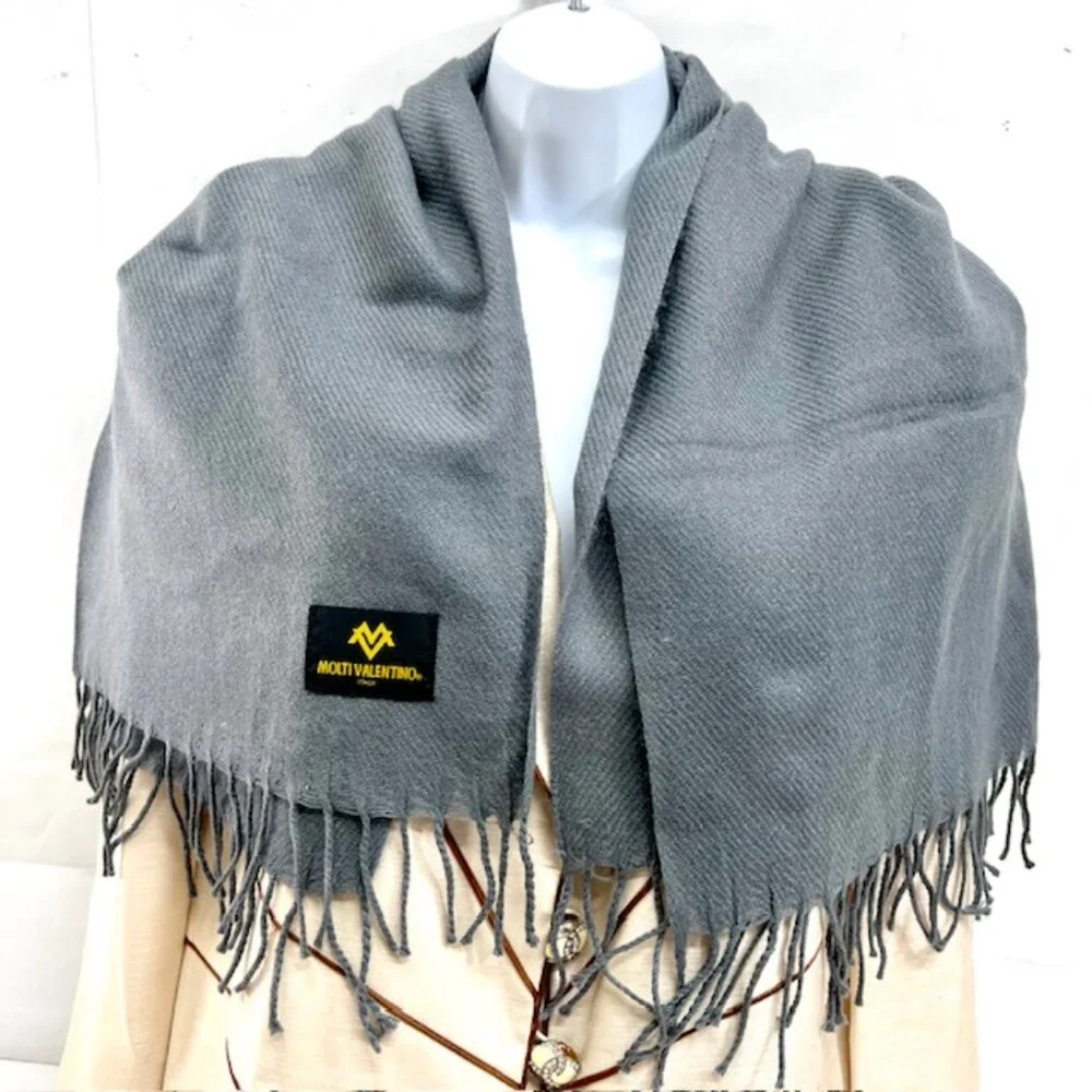 New in Bag MOLTI VALENTINO Italy Scarf Men/Women 100% Wool, Gray Fringed 68